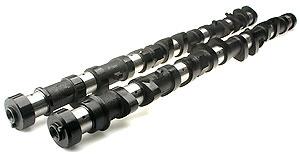 Two camshafts with lobed profiles laid parallel for an automotive engine.