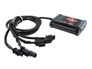 Black aFe Power Scorcher electronic module with a bundled wiring harness and multiple connector plugs on a white background, accessory for vehicle tuning.