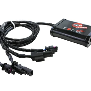 Black aFe Power Scorcher electronic module with a bundled wiring harness and multiple connector plugs on a white background, accessory for vehicle tuning.