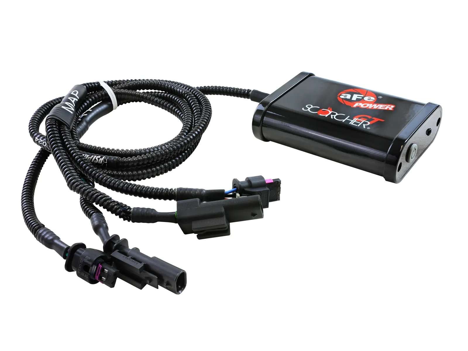 Black aFe Power Scorcher electronic module with a bundled wiring harness and multiple connector plugs on a white background, accessory for vehicle tuning.