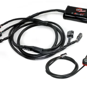 Automotive wiring harness kit with a black control module labeled aFe Power on a white background.
