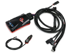 Automotive wiring harness with a black control unit and multiple connectors on a white background.