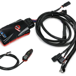 Automotive wiring harness with a black control unit and multiple connectors on a white background.