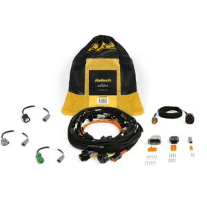 Holtech wiring harness kit with a yellow-and-black carrying bag and multiple connectors and cables laid out for automotive use